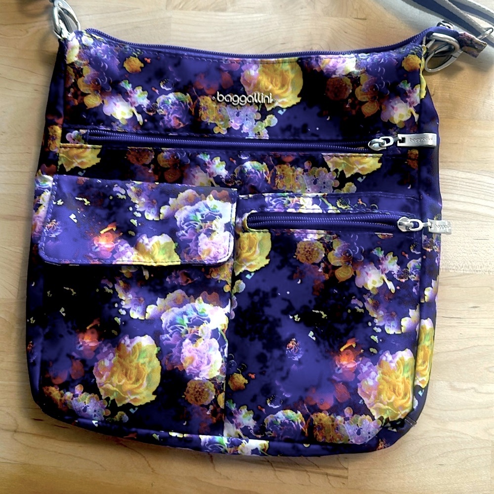 Used once, Baggallini, purple and yellow and white colorful Crossbody bag
